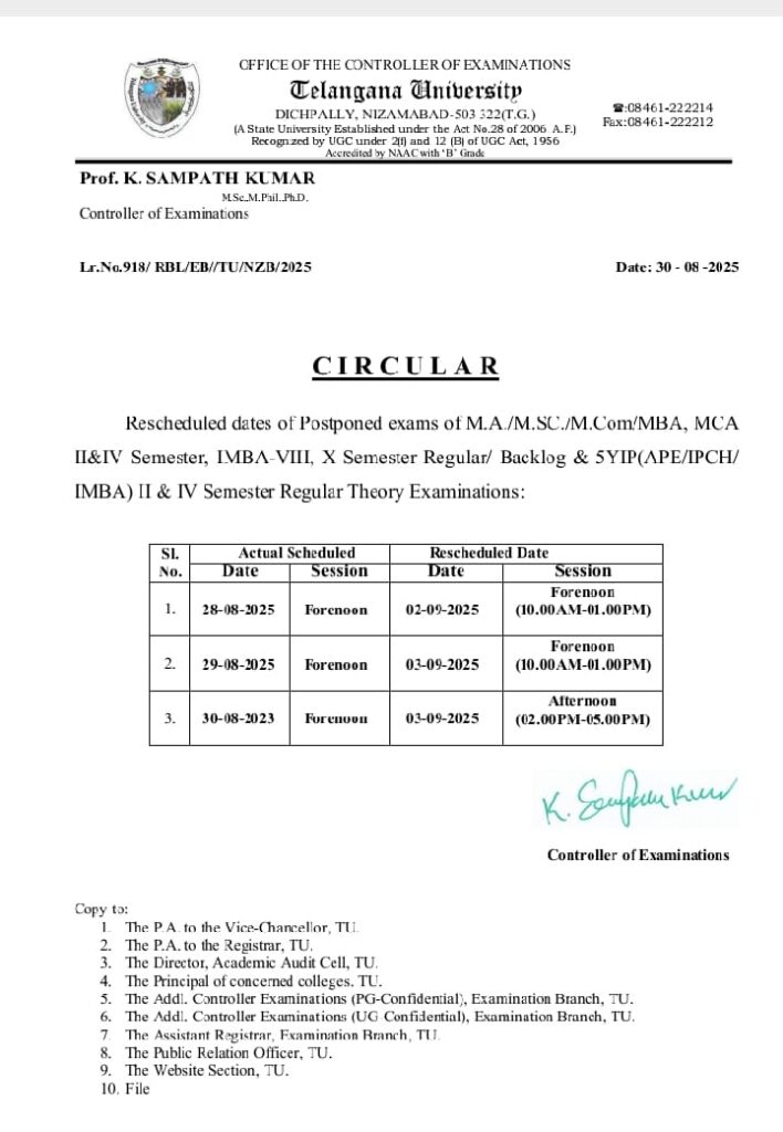 సెప్టెంబర్ 2, మూడు తేదీలలో పీజీ ఇంటర్ గ్రేటెడ్ సెమిస్టర్ పరీక్షలు…